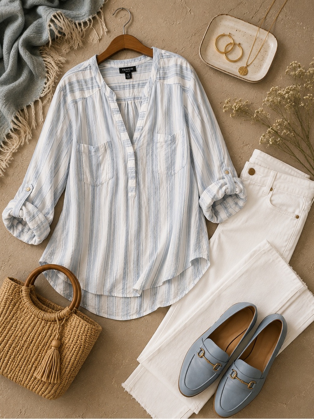 torrid Light Blue and White Striped Roll-Tab Button Down Top